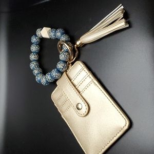 Blue Leopard Beaded Stretch Bracelet & Champagne Key Ring Wallet